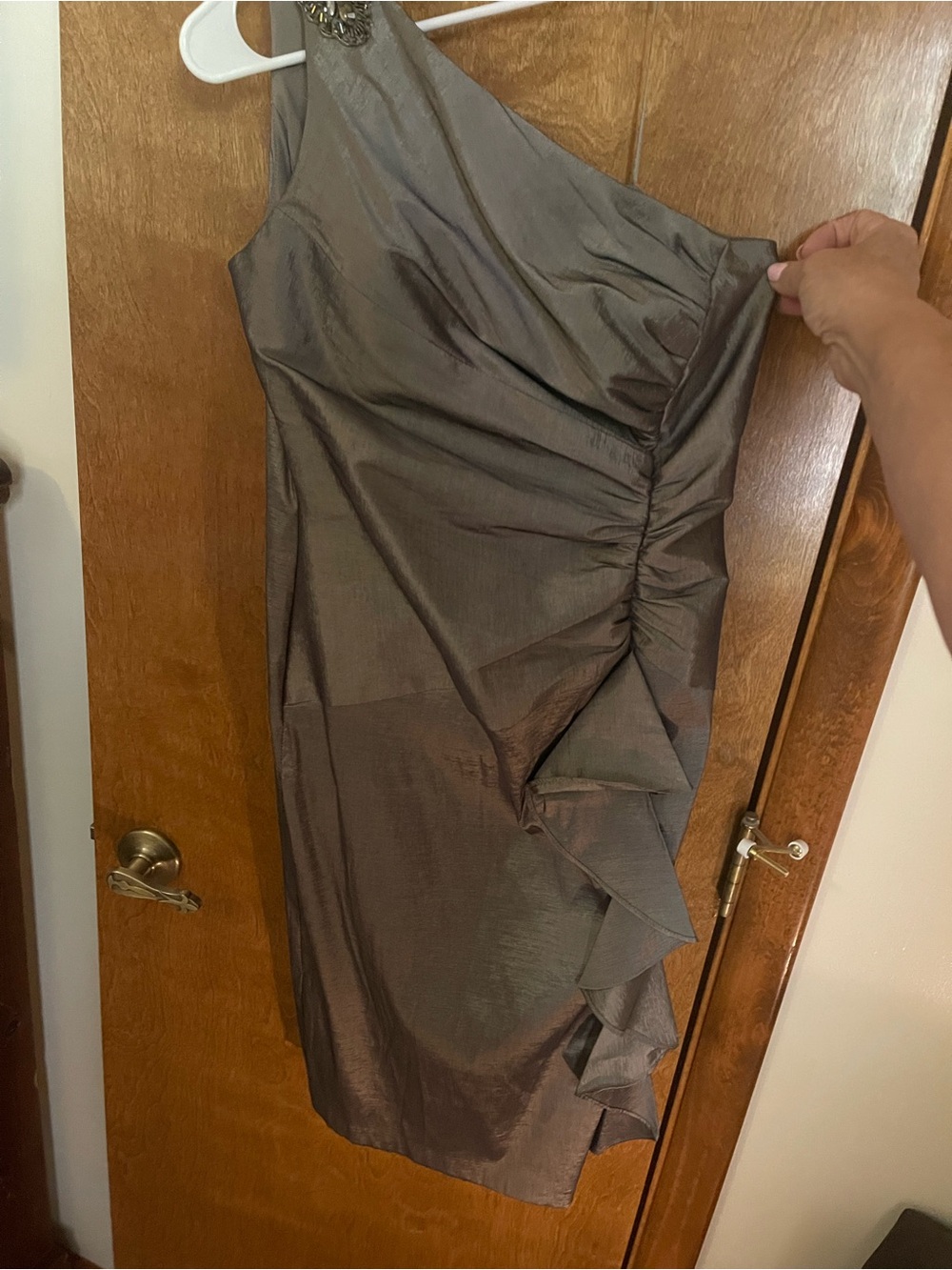 Sears One-Shoulder Metallic Taupe Sheath Dress - Picture 3 of 14